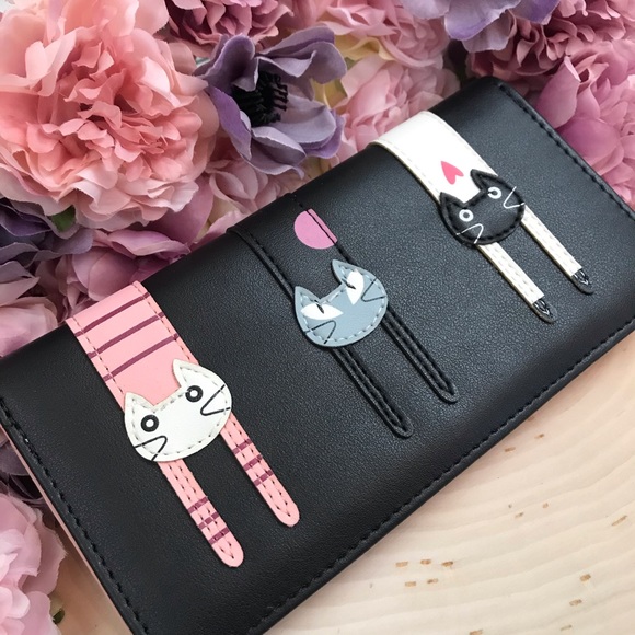 Black Vegan Leather Cat Clutch Wallet - Picture 3 of 13